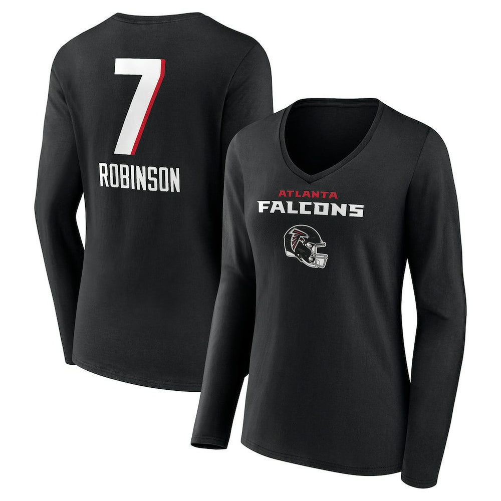 Bijan Robinson Atlanta Falcons Women's Team Wordmark Name & Number Long Sleeve V-Neck T-Shirt Black | NFL