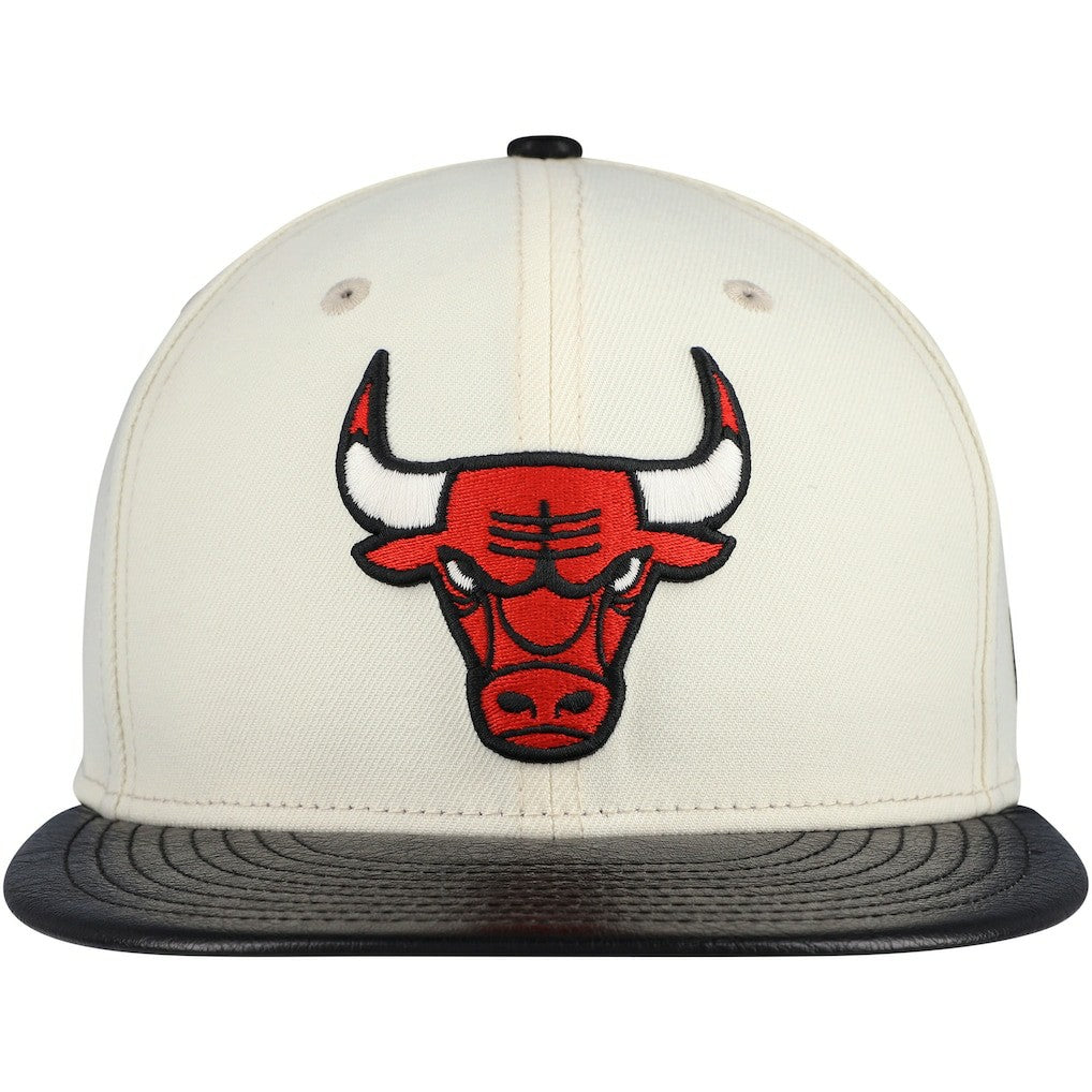 Chicago Bulls Faux Leather Visor Two-Tone 59FIFTY Fitted Hat Cream/Black - NBA