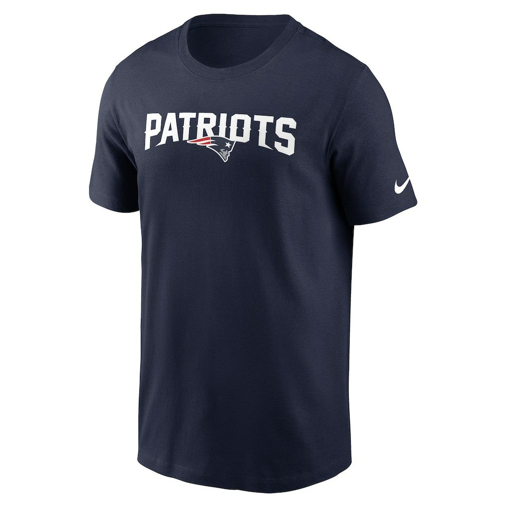 New England Patriots Primetime Wordmark Essential T-Shirt Navy | Nike for Sale