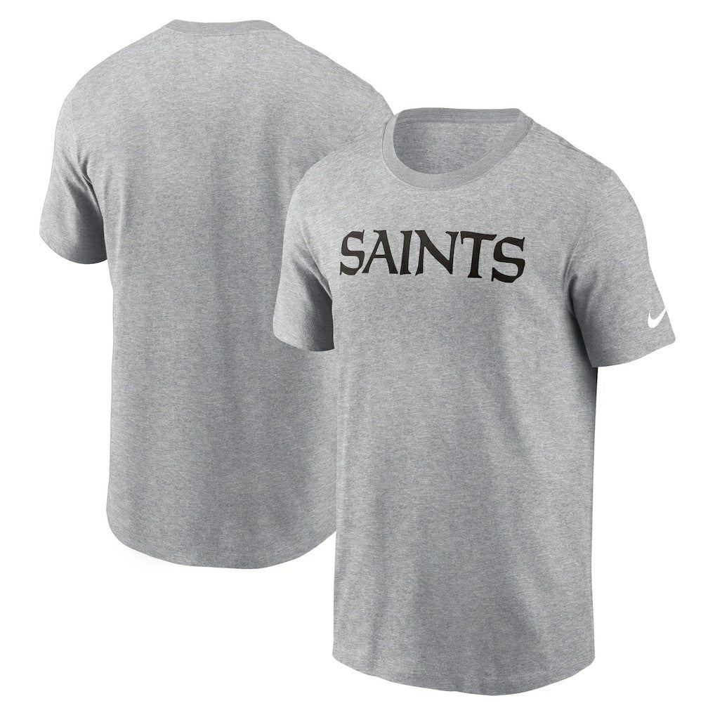 New Orleans Saints Primetime Wordmark Essential T-Shirt Heather Gray | Nike for Sale
