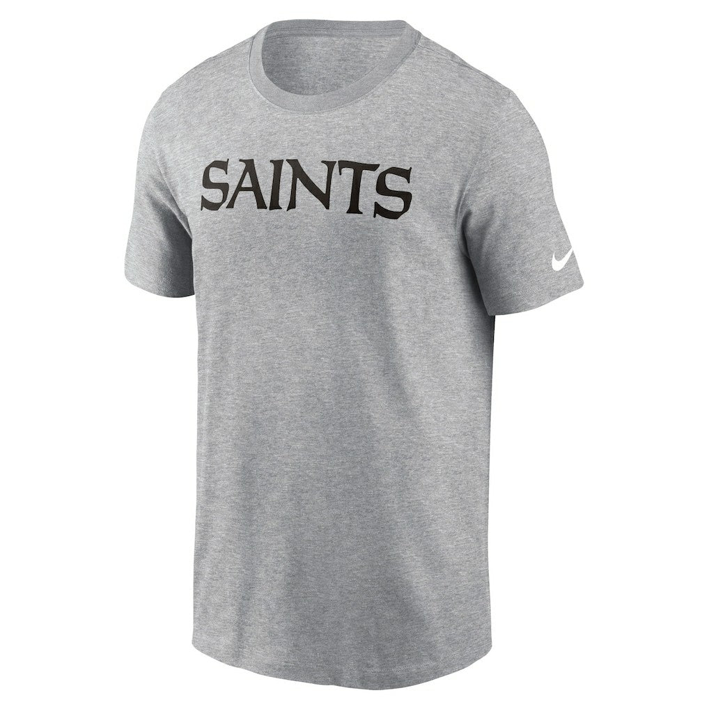 New Orleans Saints Primetime Wordmark Essential T-Shirt Heather Gray | Nike for Sale