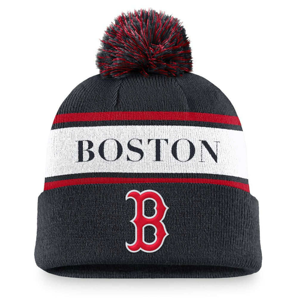 Boston Red Sox Nike Team Stripe Peak Cuffed Knit Hat with Pom - MLB