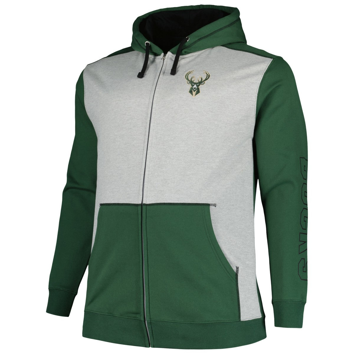 Milwaukee Bucks Big & Tall Contrast Pieced Stitched Full-Zip Hoodie Hunter Green/Heather Gray - NBA