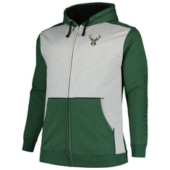 Milwaukee Bucks Big & Tall Contrast Pieced Stitched Full-Zip Hoodie Hunter Green/Heather Gray - NBA