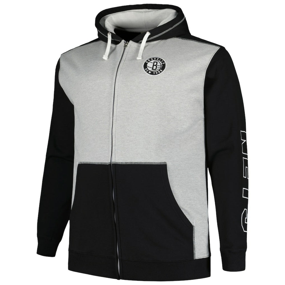 Brooklyn Nets Big & Tall Contrast Pieced Stitched Full-Zip Hoodie Black/Heather Gray - NBA
