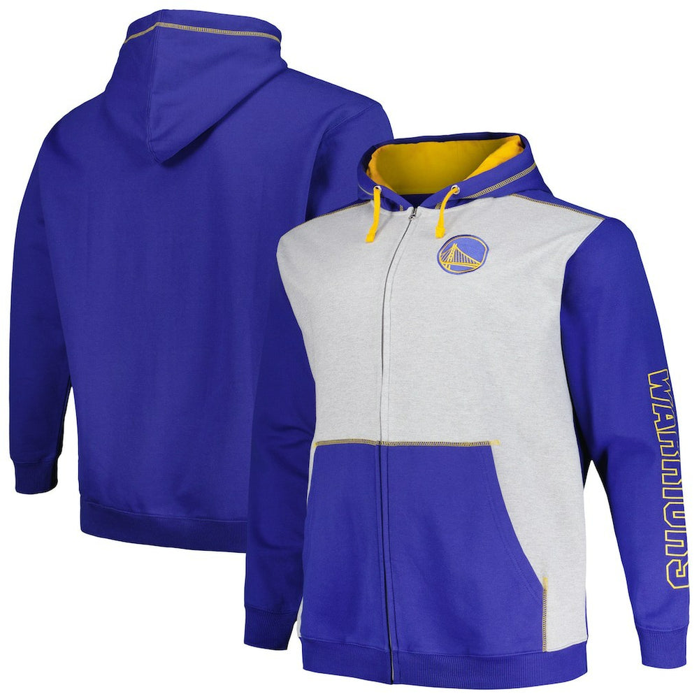 Golden State Warriors Big & Tall Contrast Pieced Stitched Full-Zip Hoodie Royal/Heather Gray - NBA