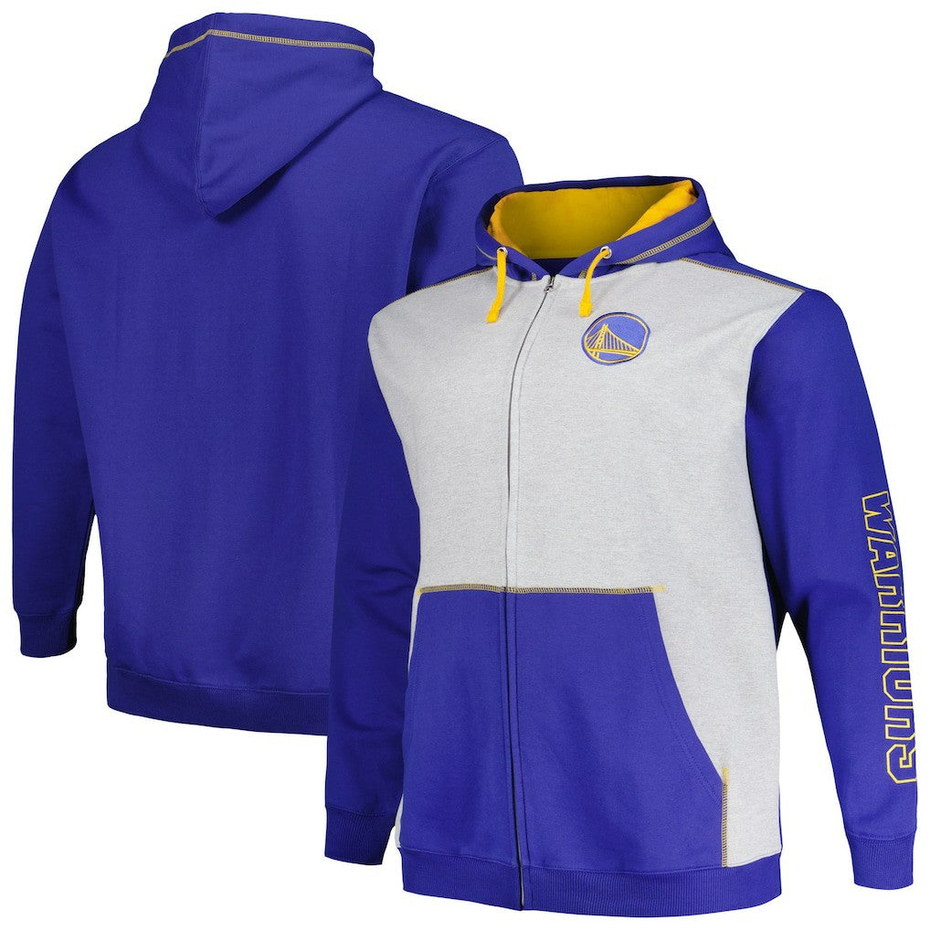 Golden State Warriors Big & Tall Contrast Pieced Stitched Full-Zip Hoodie Royal/Heather Gray - NBA