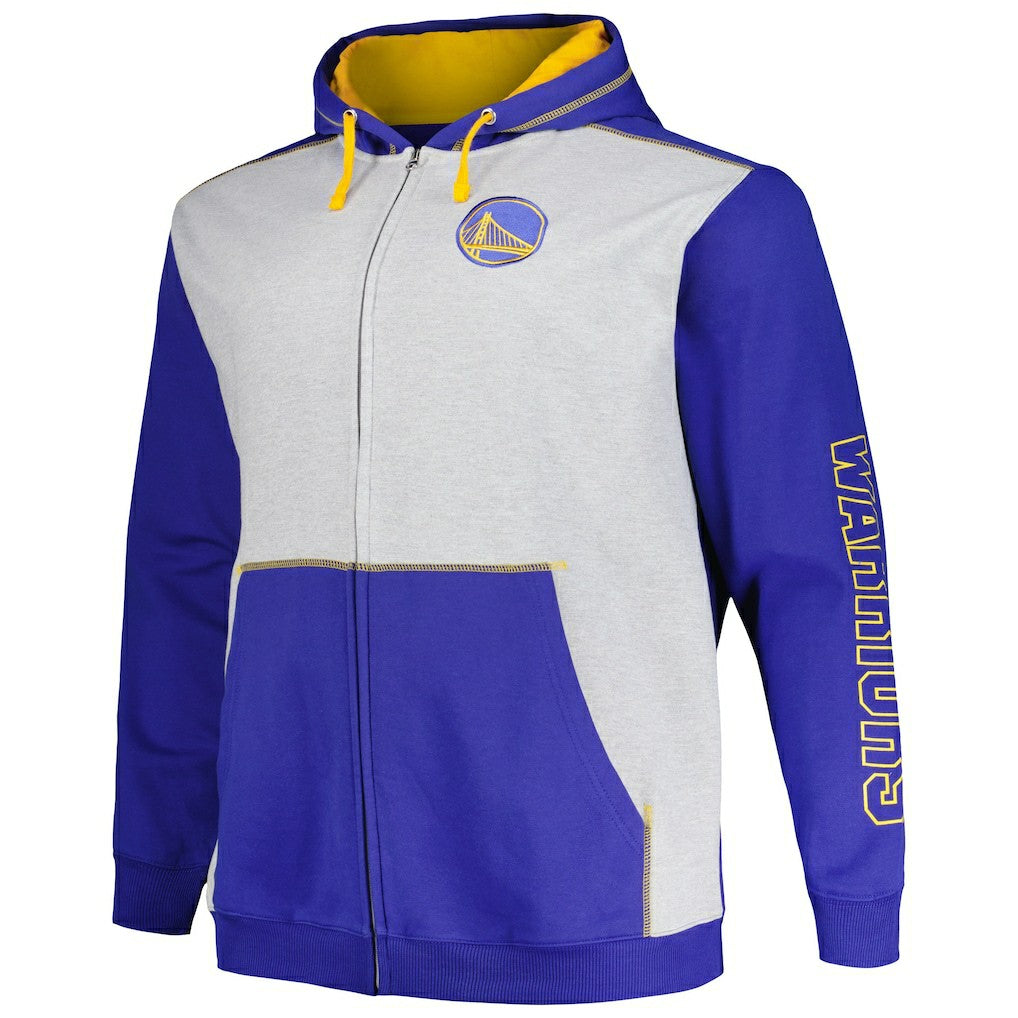 Golden State Warriors Big & Tall Contrast Pieced Stitched Full-Zip Hoodie Royal/Heather Gray - NBA