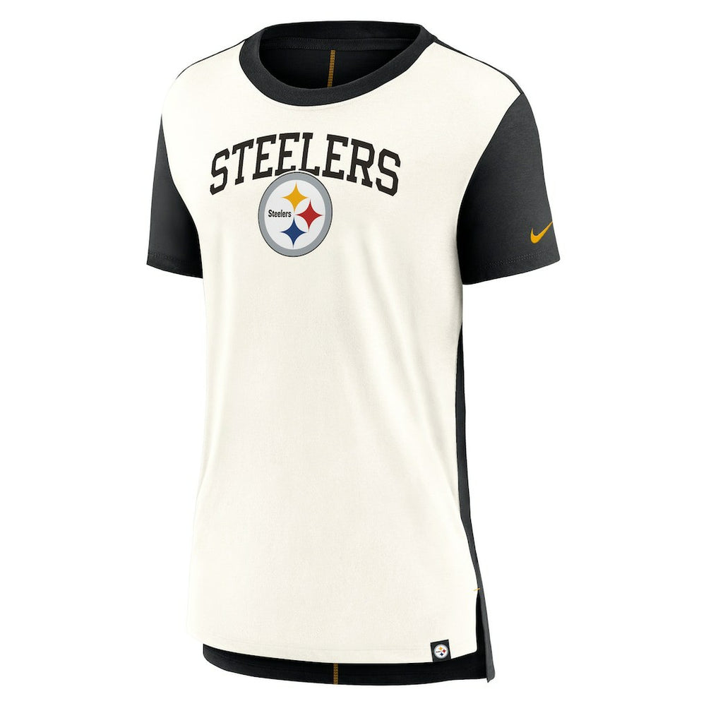 Pittsburgh Steelers Women's Wordmark Tri-Blend T-Shirt Cream/Black | Nike for Sale
