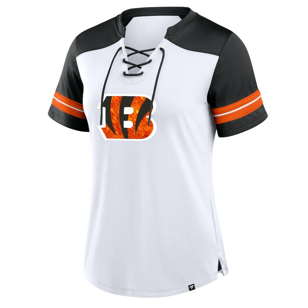 Cincinnati Bengals Women's Foiled Primary Lace-Up T-Shirt White/Black | Fanatics