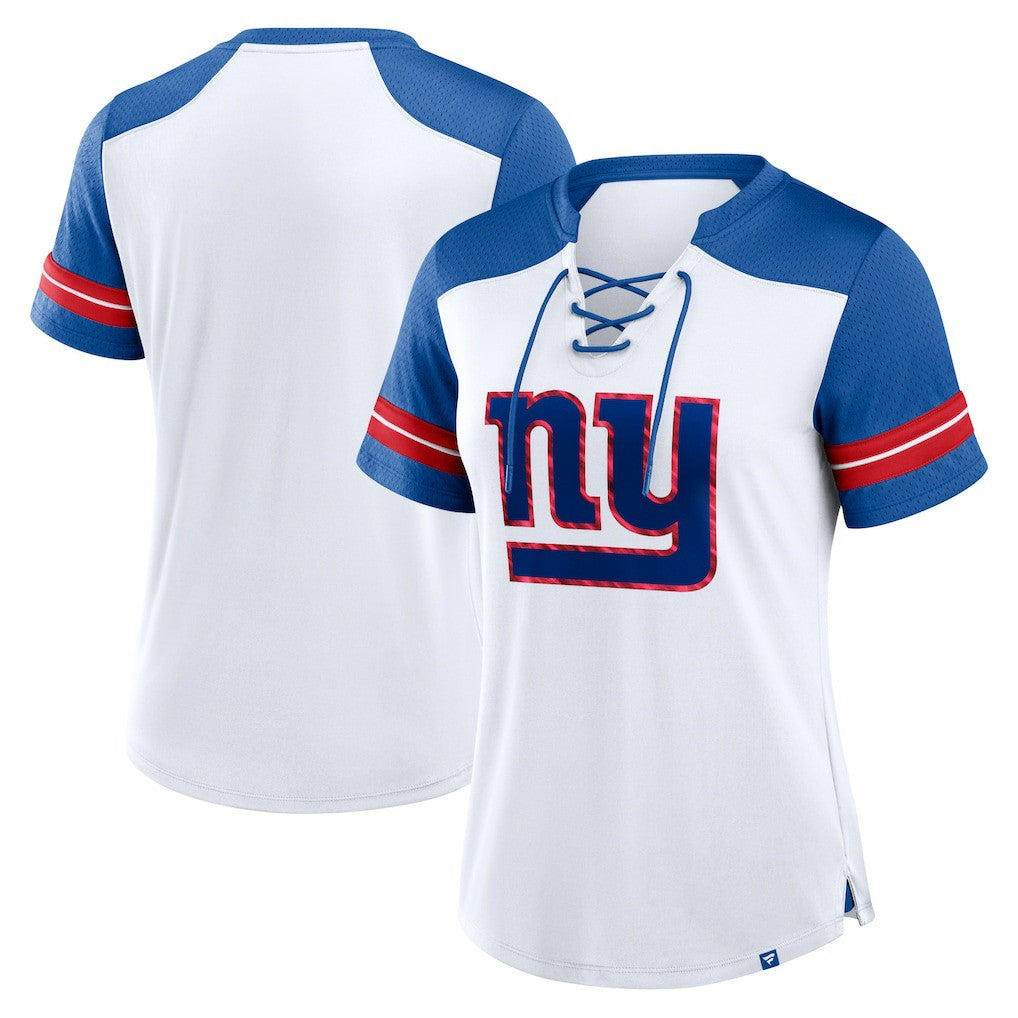 New York Giants Women's Foiled Primary Lace-Up T-Shirt White/Royal | Fanatics
