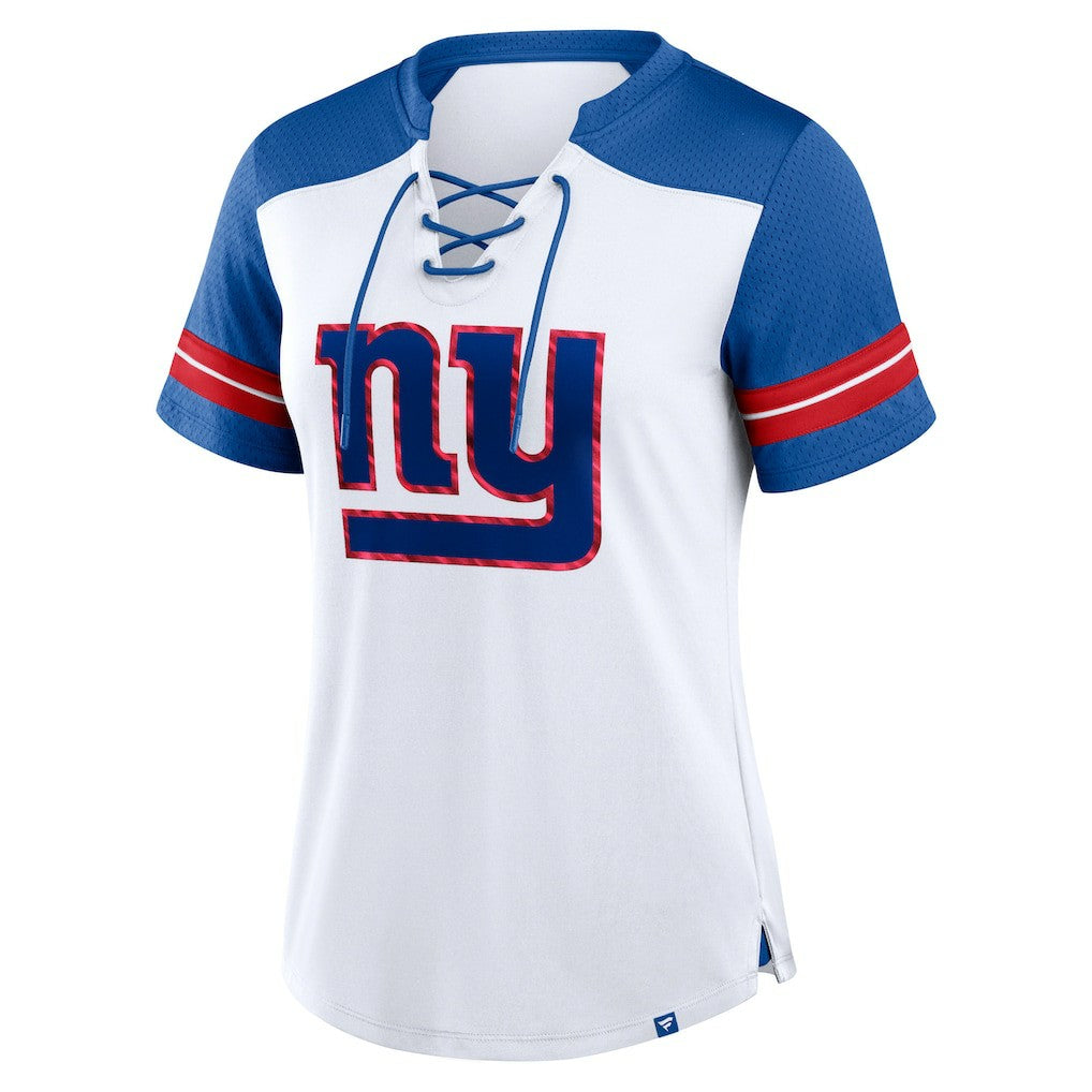 New York Giants Women's Foiled Primary Lace-Up T-Shirt White/Royal | Fanatics
