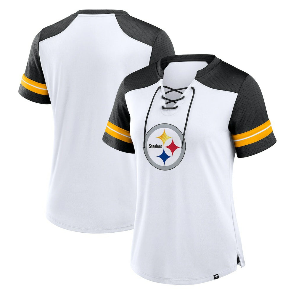 Pittsburgh Steelers Women's Foiled Primary Lace-Up T-Shirt White/Black | Fanatics