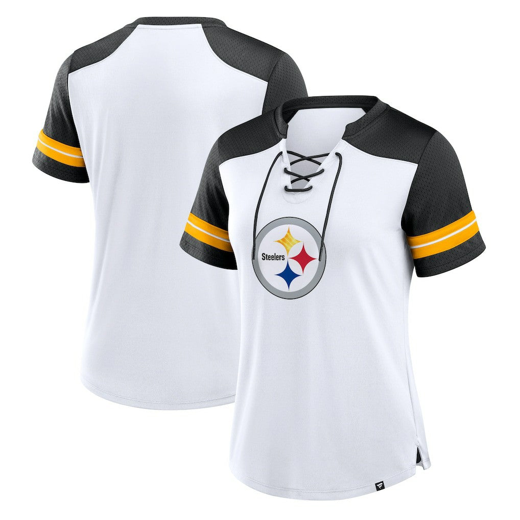 Pittsburgh Steelers Women's Foiled Primary Lace-Up T-Shirt White/Black | Fanatics