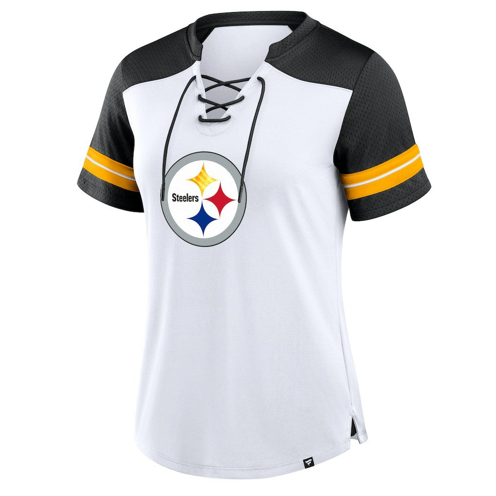 Pittsburgh Steelers Women's Foiled Primary Lace-Up T-Shirt White/Black | Fanatics