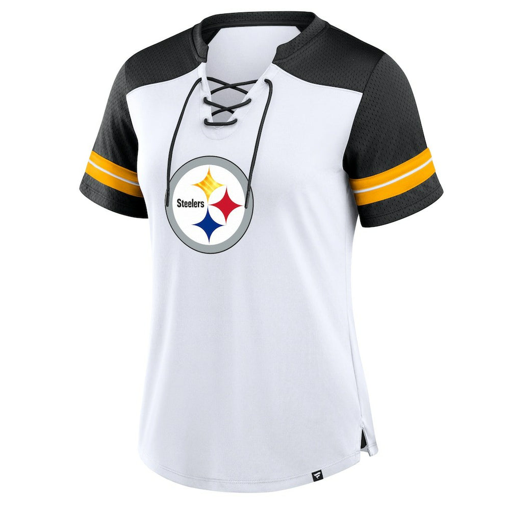 Pittsburgh Steelers Women's Foiled Primary Lace-Up T-Shirt White/Black | Fanatics