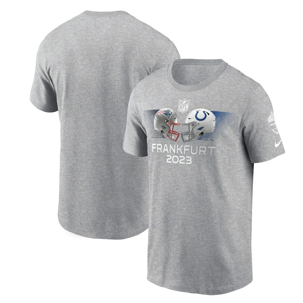 New England Patriots vs. Indianapolis Colts 2023 Frankfurt Game Essential T-Shirt Heather Gray | Nike for Sale