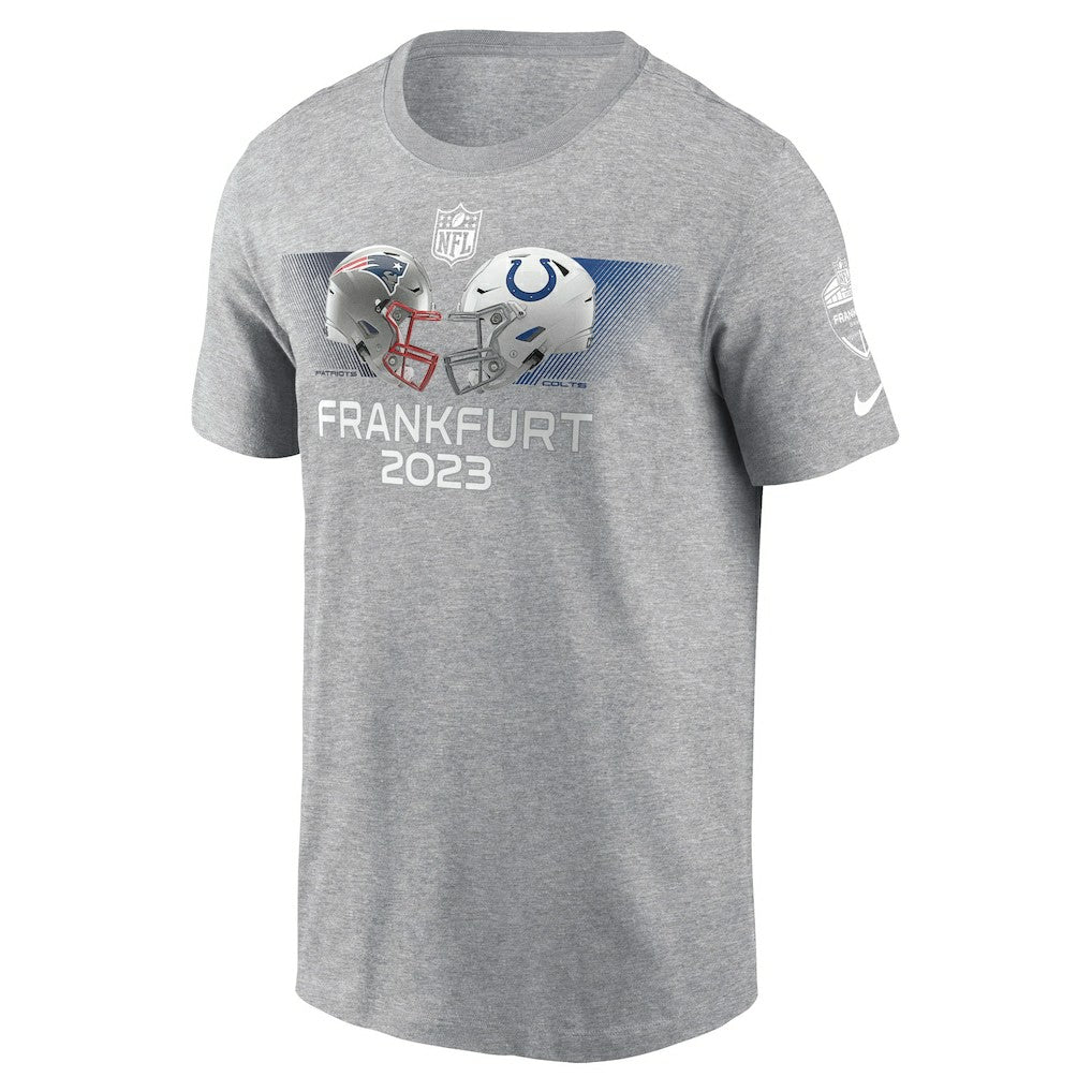 New England Patriots vs. Indianapolis Colts 2023 Frankfurt Game Essential T-Shirt Heather Gray | Nike for Sale