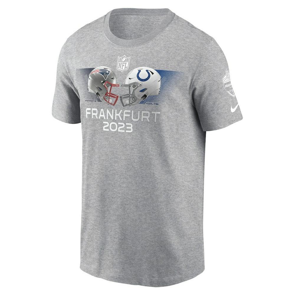 New England Patriots vs. Indianapolis Colts 2023 Frankfurt Game Essential T-Shirt Heather Gray | Nike for Sale
