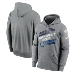 New England Patriots vs. Indianapolis Colts 2023 Frankfurt Game Pullover Hoodie Heather Charcoal | Nike for Sale