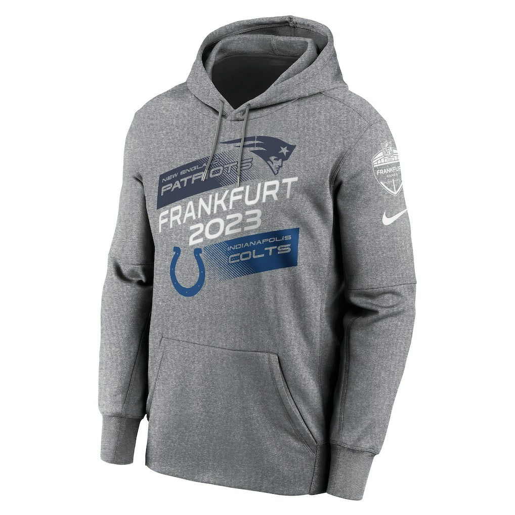 New England Patriots vs. Indianapolis Colts 2023 Frankfurt Game Pullover Hoodie Heather Charcoal | Nike for Sale