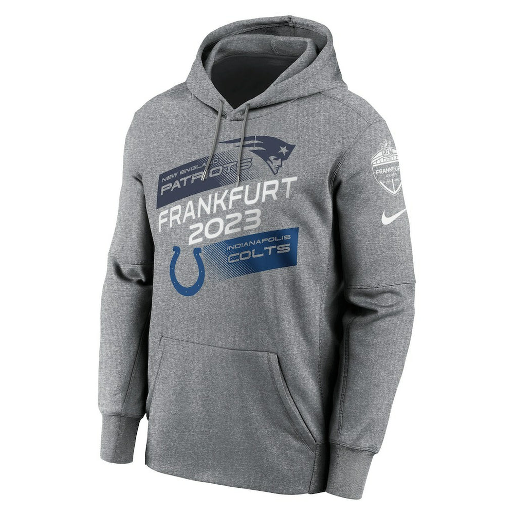 New England Patriots vs. Indianapolis Colts 2023 Frankfurt Game Pullover Hoodie Heather Charcoal | Nike for Sale