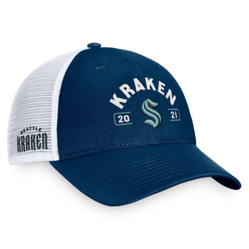 Seattle Kraken Fanatics Free Kick Trucker Adjustable Hat - Deep Sea Blue/White - NHL