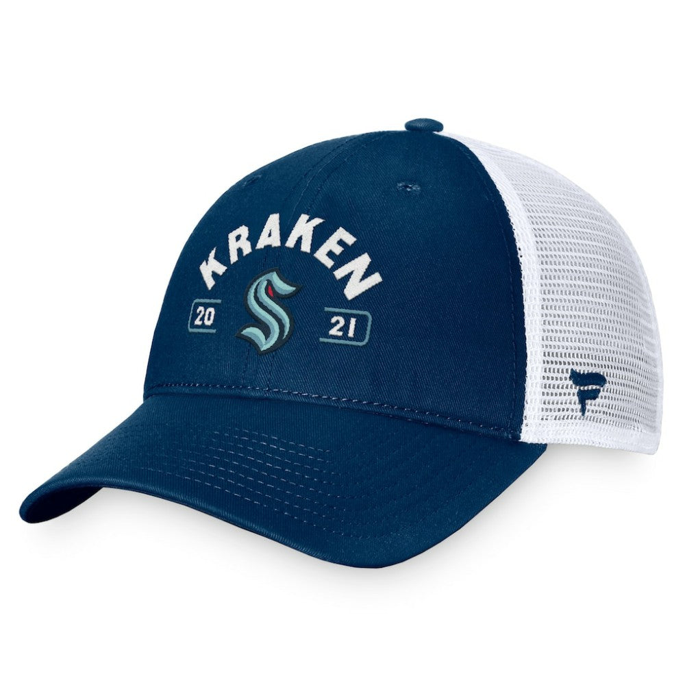 Seattle Kraken Fanatics Free Kick Trucker Adjustable Hat - Deep Sea Blue/White - NHL