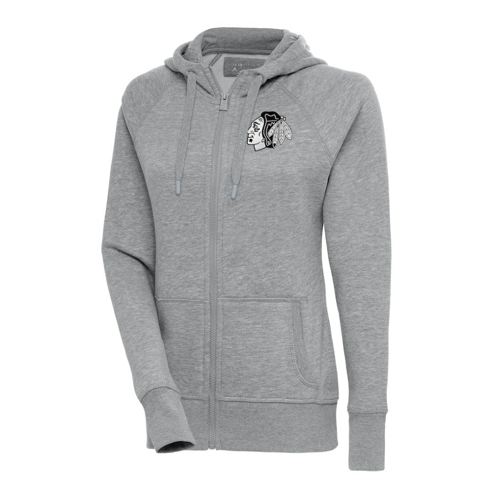 Chicago Blackhawks Antigua Women's Metallic Logo Victory Full-Zip Hoodie - Heather Gray - NHL