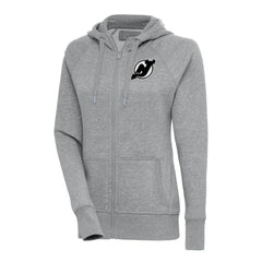 New Jersey Devils Antigua Women's Metallic Logo Victory Full-Zip Hoodie - Heather Gray - NHL