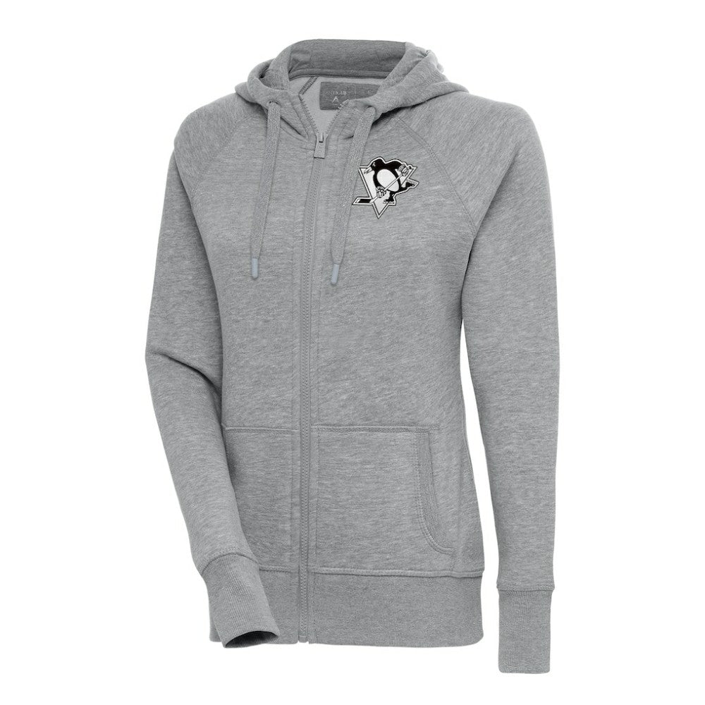 Pittsburgh Penguins Antigua Women's Metallic Logo Victory Full-Zip Hoodie - Heather Gray - NHL