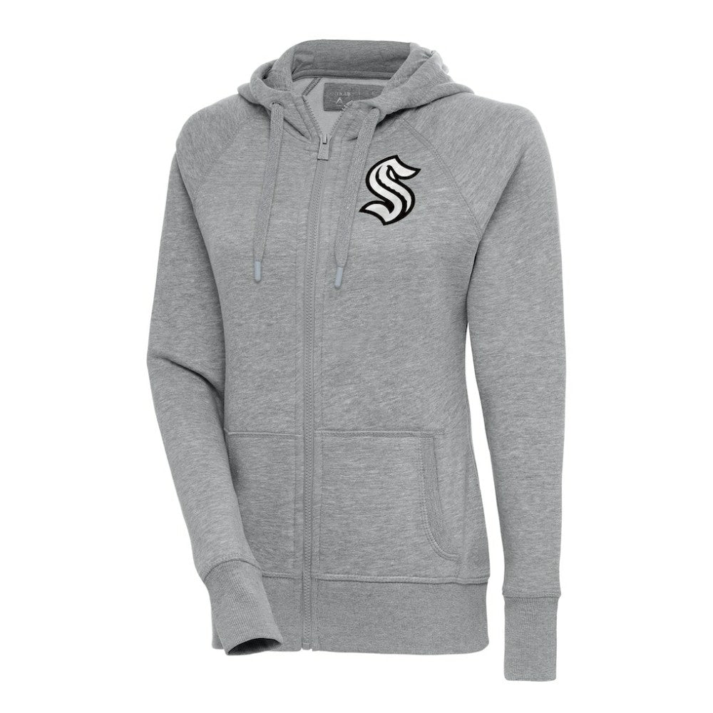 Seattle Kraken Antigua Women's Metallic Logo Victory Full-Zip Hoodie - Heather Gray - NHL