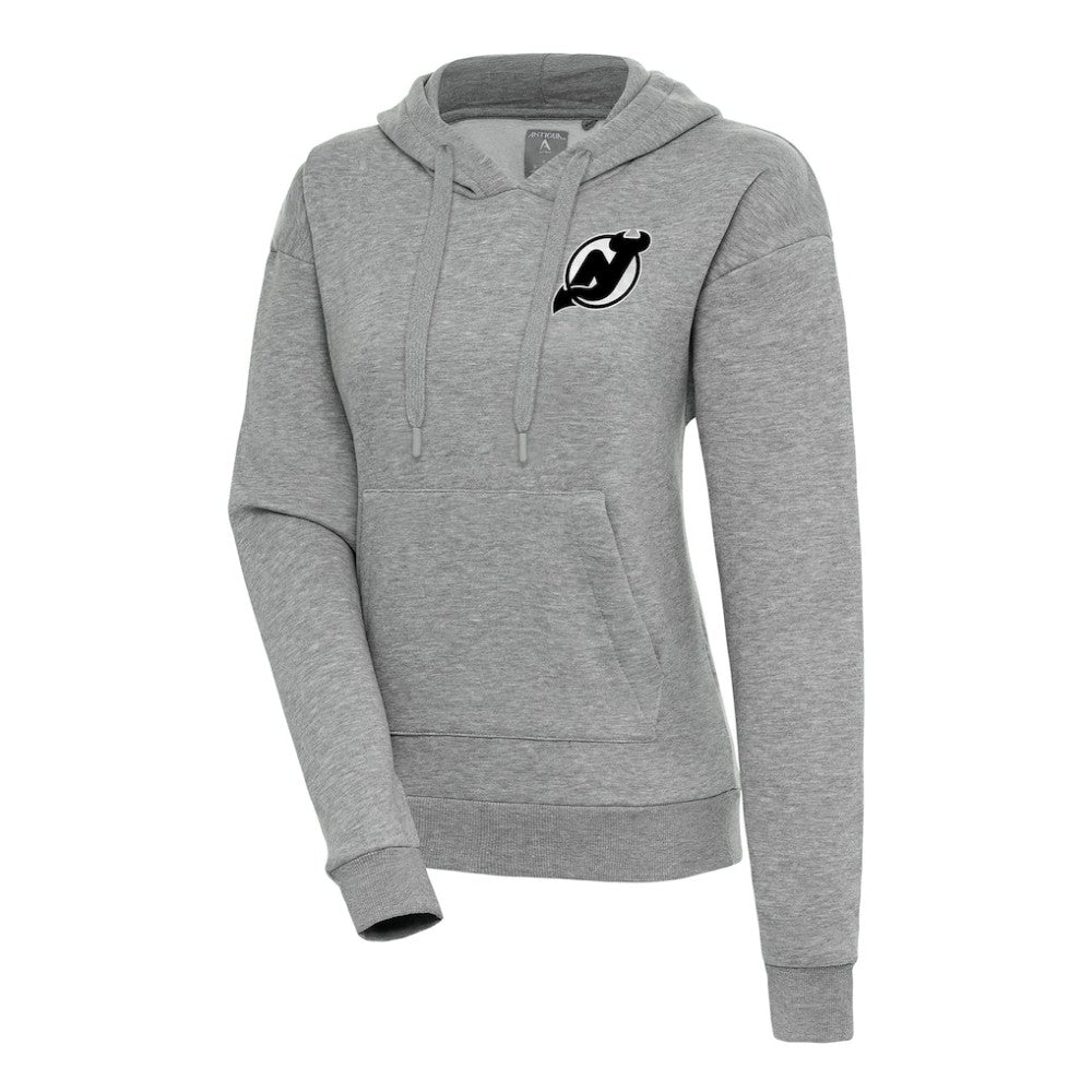 New Jersey Devils Antigua Women's Metallic Logo Victory Pullover Hoodie - Heather Gray - NHL
