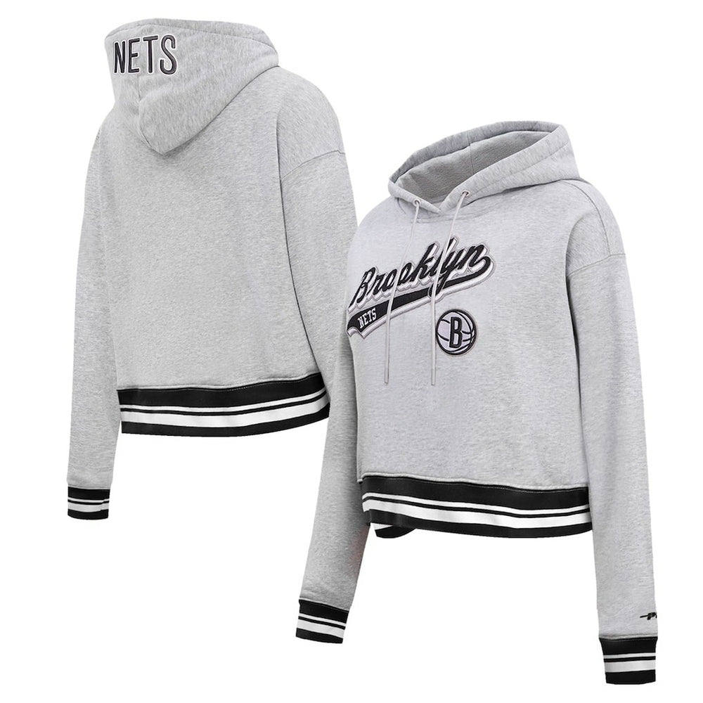 Brooklyn Nets Pro Standard Women's Script Tail Cropped Pullover Hoodie Heather Gray - NBA