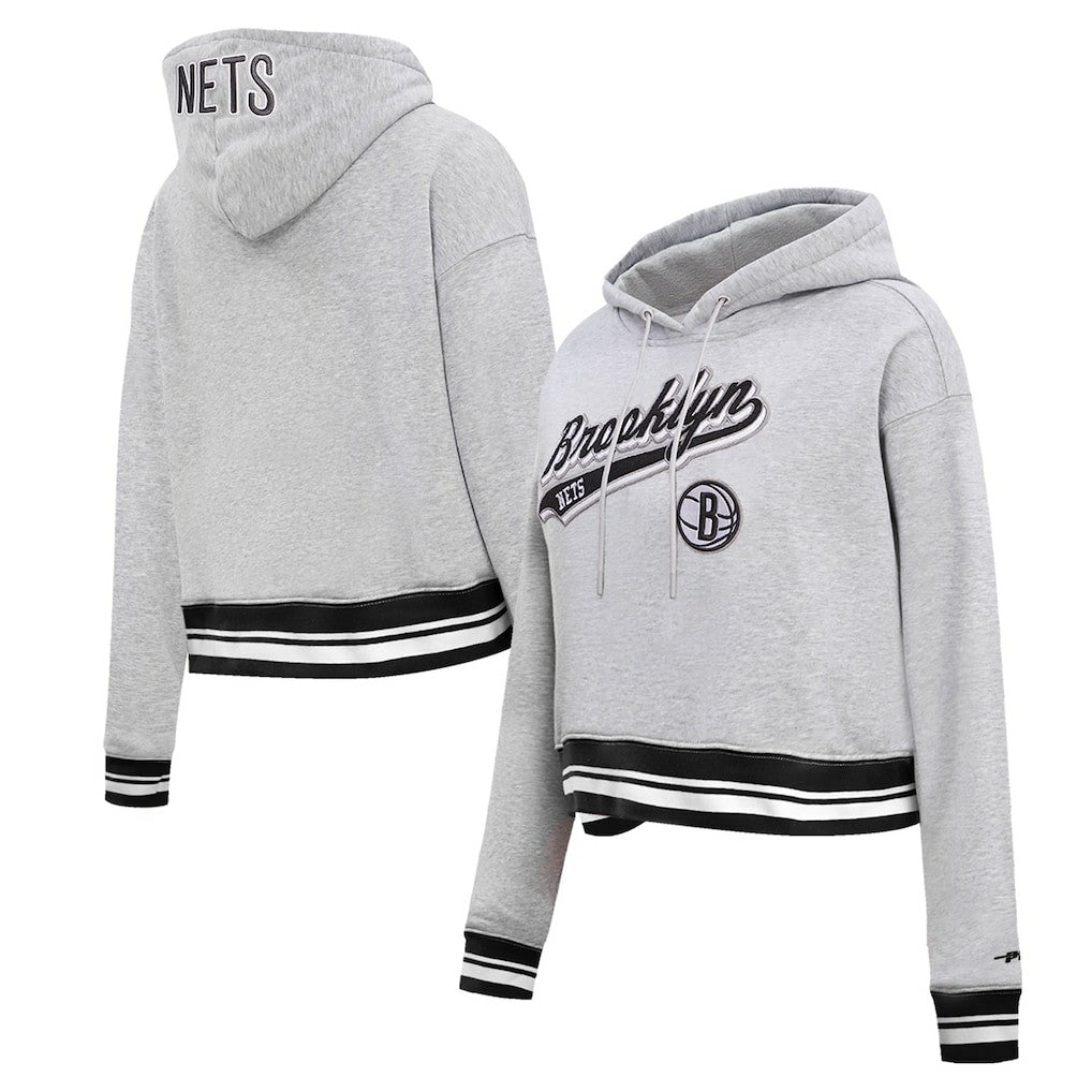Brooklyn Nets Pro Standard Women's Script Tail Cropped Pullover Hoodie Heather Gray - NBA