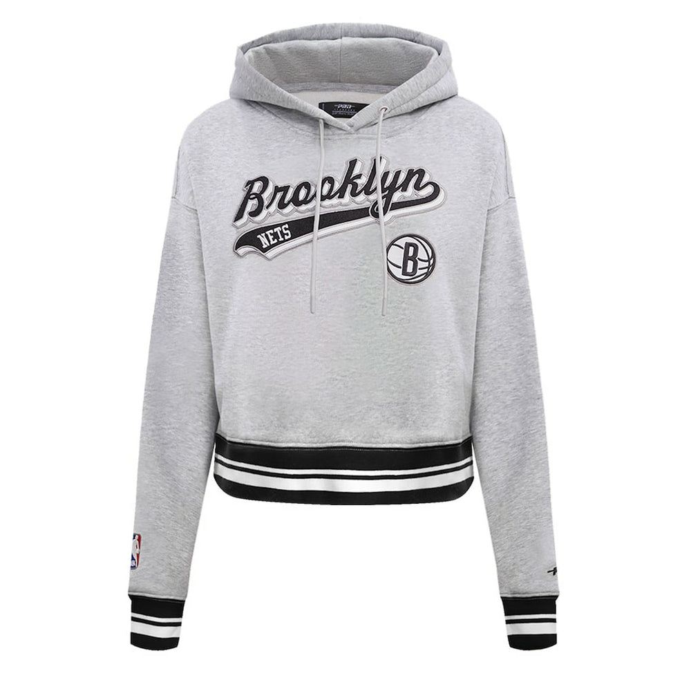 Brooklyn Nets Pro Standard Women's Script Tail Cropped Pullover Hoodie Heather Gray - NBA