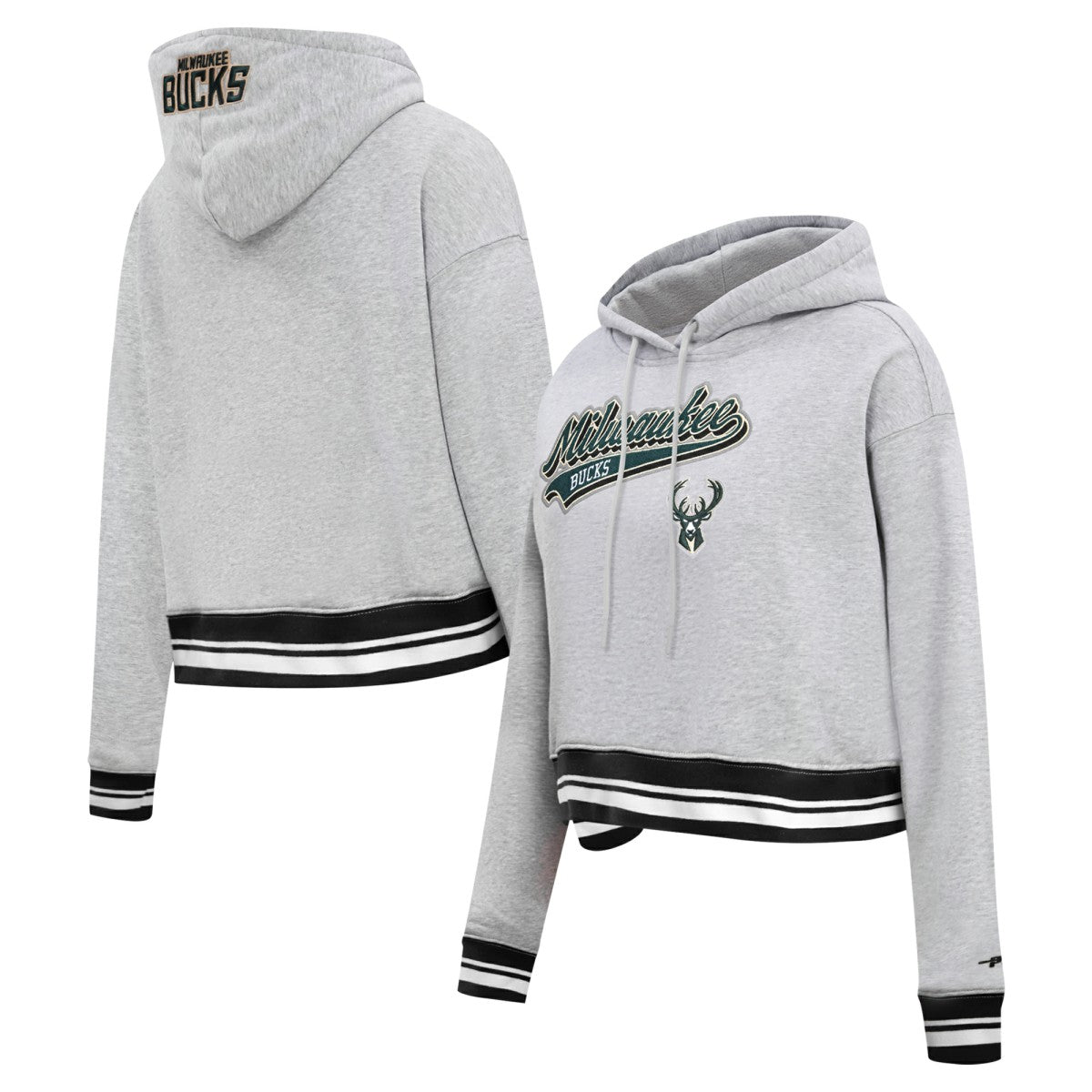 Milwaukee Bucks Pro Standard Women's Script Tail Cropped Pullover Hoodie Heather Gray - NBA