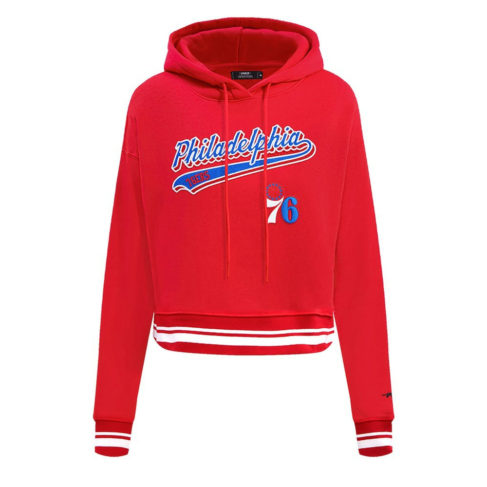 Philadelphia 76ers Pro Standard Women's Script Tail Cropped Pullover Hoodie Red - NBA