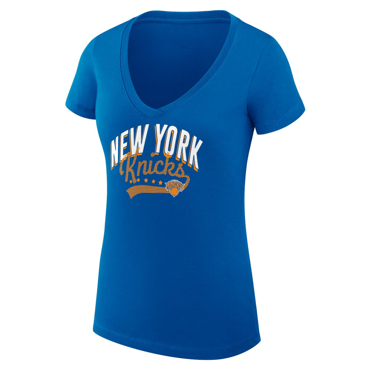New York Knicks G-III 4Her by Carl Banks Women's Super-Slim Fit Lightweight Filigree Logo V-Neck T-Shirt Blue - NBA