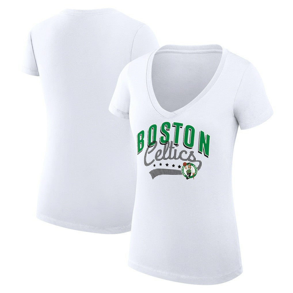 Boston Celtics G-III 4Her by Carl Banks Women's Super-Slim Fit Lightweight Filigree Logo V-Neck T-Shirt White - NBA