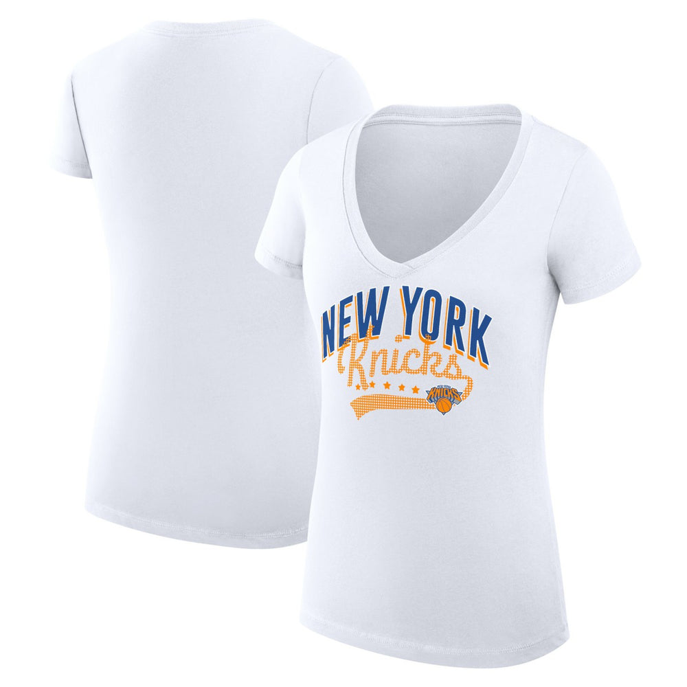 New York Knicks G-III 4Her by Carl Banks Women's Super-Slim Fit Lightweight Filigree Logo V-Neck T-Shirt - White - NBA