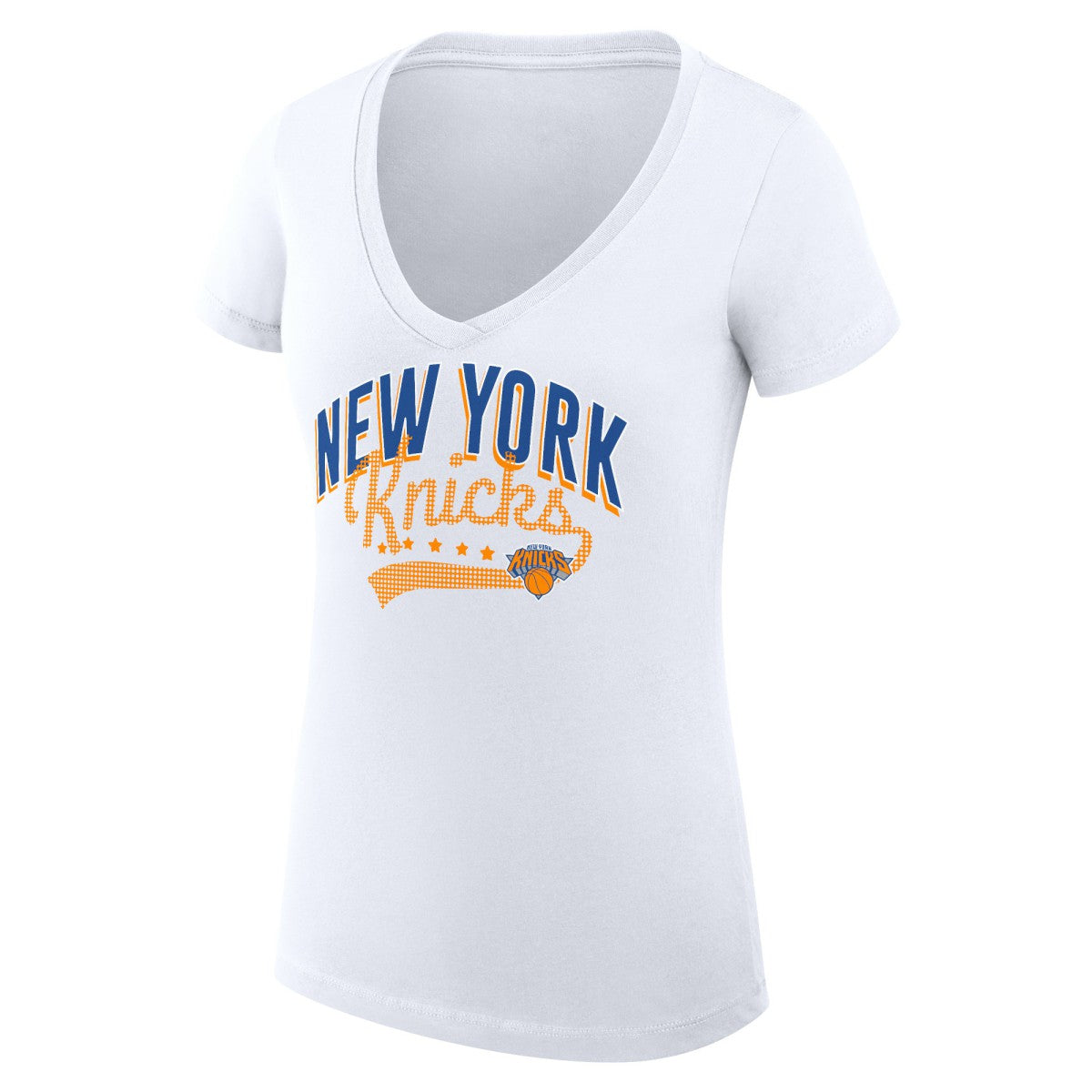 New York Knicks G-III 4Her by Carl Banks Women's Super-Slim Fit Lightweight Filigree Logo V-Neck T-Shirt - White - NBA