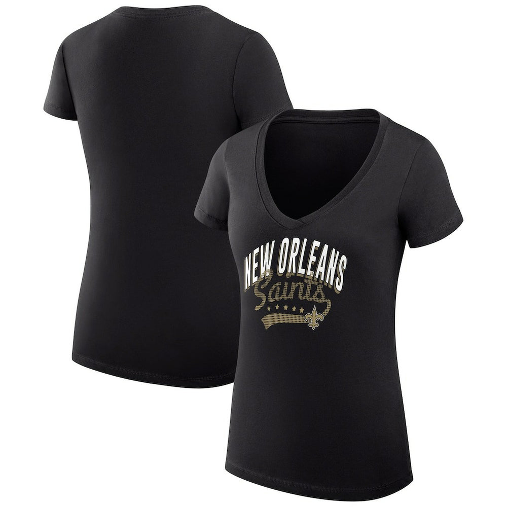 New Orleans Saints G-III 4Her by Carl Banks Women's Super-Slim Fit Lightweight Filigree Logo Lightweight V-Neck T-Shirt – Black | NFL