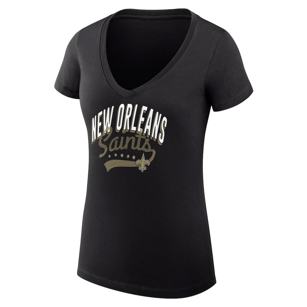 New Orleans Saints G-III 4Her by Carl Banks Women's Super-Slim Fit Lightweight Filigree Logo Lightweight V-Neck T-Shirt – Black | NFL