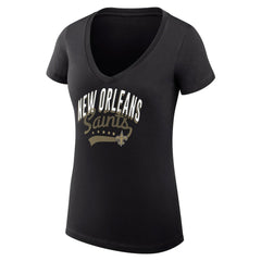New Orleans Saints G-III 4Her by Carl Banks Women's Super-Slim Fit Lightweight Filigree Logo Lightweight V-Neck T-Shirt – Black | NFL