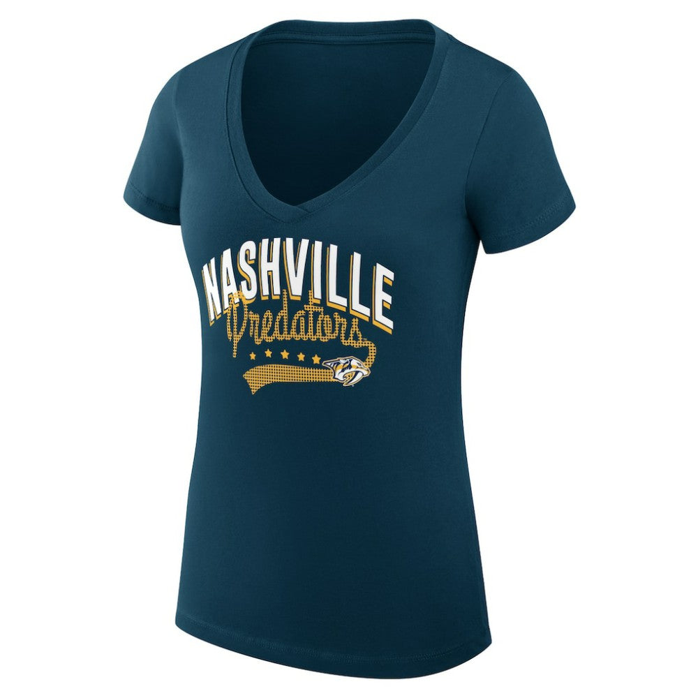 Nashville Predators G-III 4Her by Carl Banks Women's Super-Slim Fit Lightweight Filigree Logo V-Neck T-Shirt – Navy - NHL