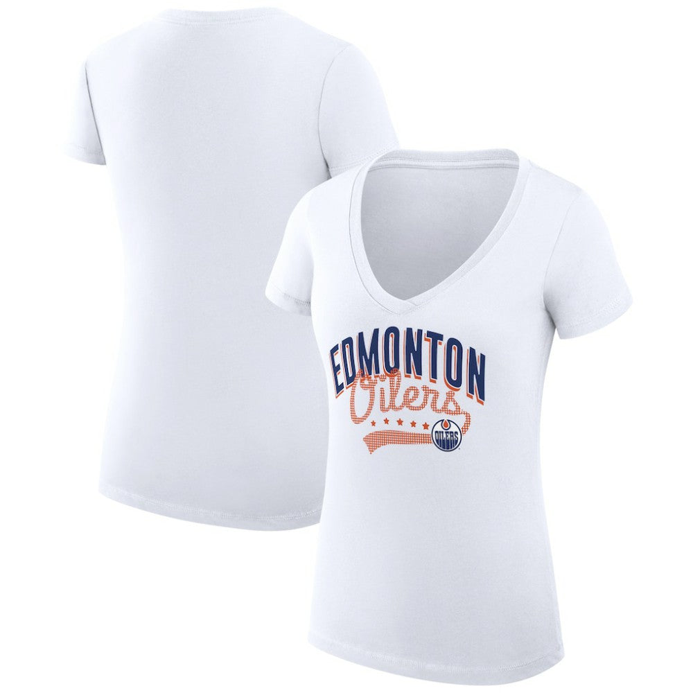 Edmonton Oilers G-III 4Her by Carl Banks Women's Super-Slim Fit Lightweight Filigree Logo V-Neck T-Shirt – White - NHL