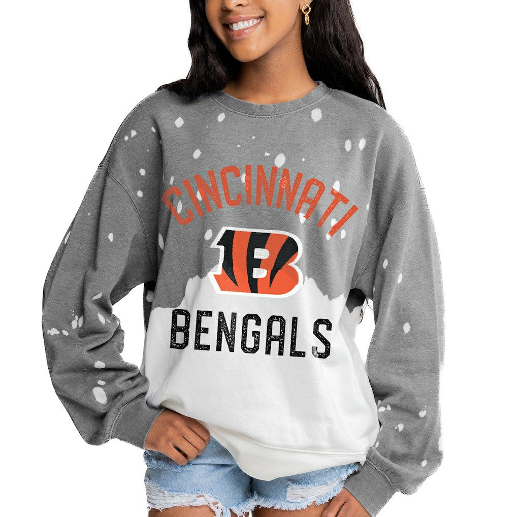 Cincinnati Bengals Gameday Couture Women's Oversized Coin Toss Faded French Terry Tri-Blend Pullover Sweatshirt Gray | NFL
