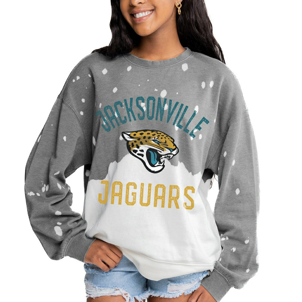 Jacksonville Jaguars Gameday Couture Women's Oversized Coin Toss Faded French Terry Tri-Blend Pullover Sweatshirt Gray | NFL