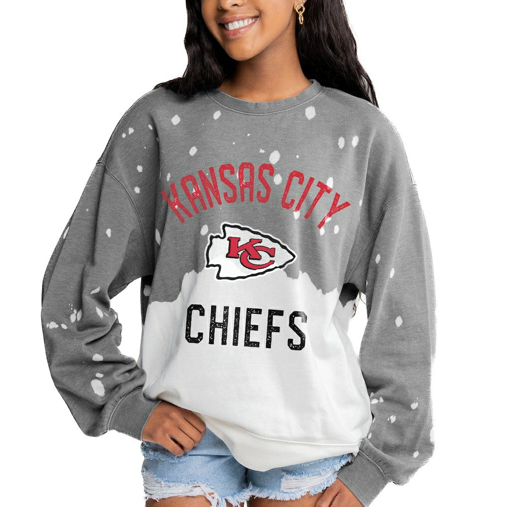 Kansas City Chiefs Gameday Couture Women's Oversized Coin Toss Faded French Terry Tri-Blend Pullover Sweatshirt Gray | NFL